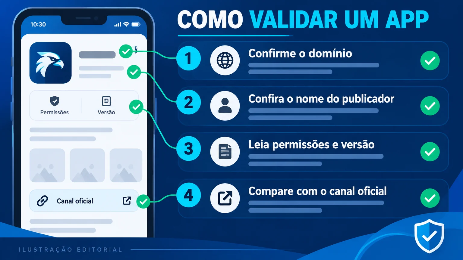 Checklist de publicador, domínio, permissões e versão