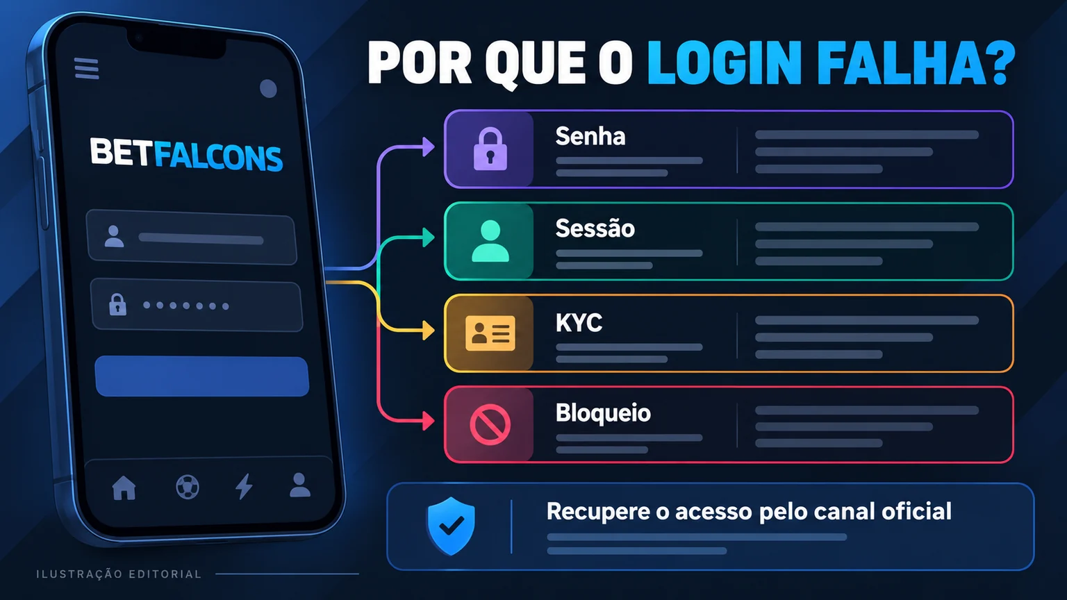 Diagnóstico de senha, sessão, KYC e bloqueio